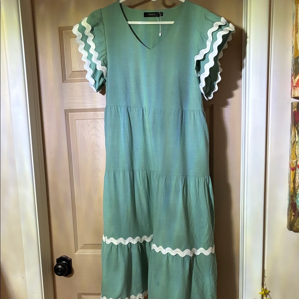 Tiered Mint Midi Dress with White Trim